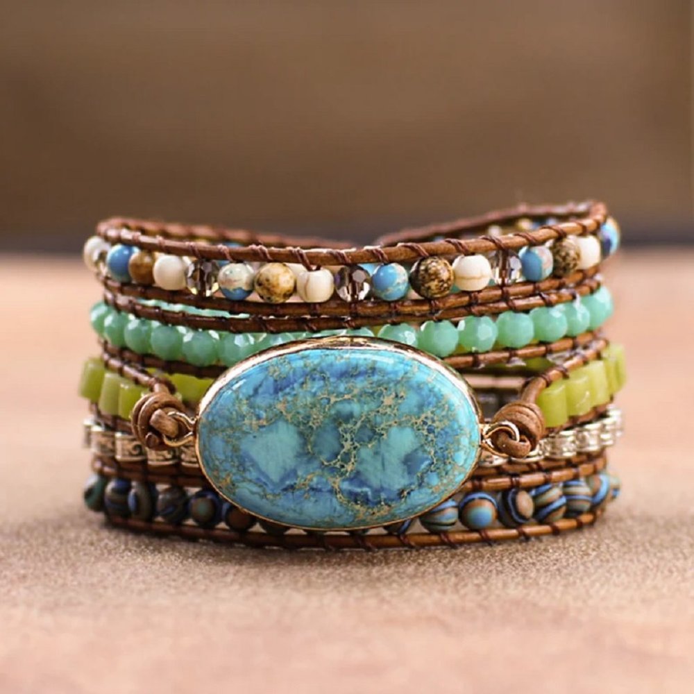Natural Turquoise Amazonite Stone Crystal Jasper Gemstone Braided Bracelet